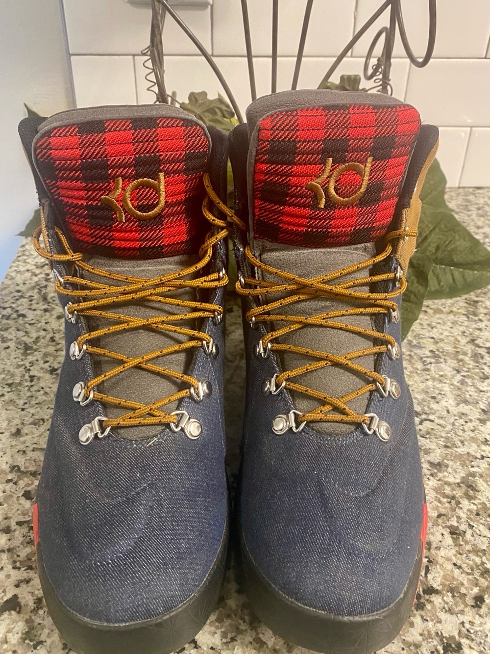 Nike KD (Kevin Durant)Men's Navy Blue Boots with Red Plaid Accents and Tan Laces